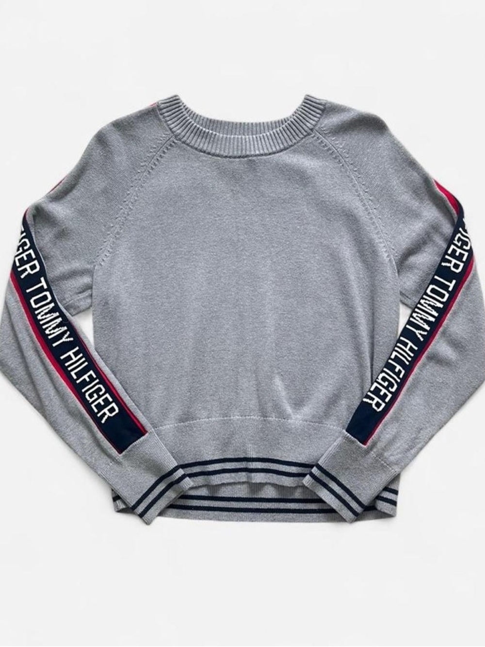 Tommy Hilfiger Gray Crewneck Sweater with Logo Sleeve Stripes
